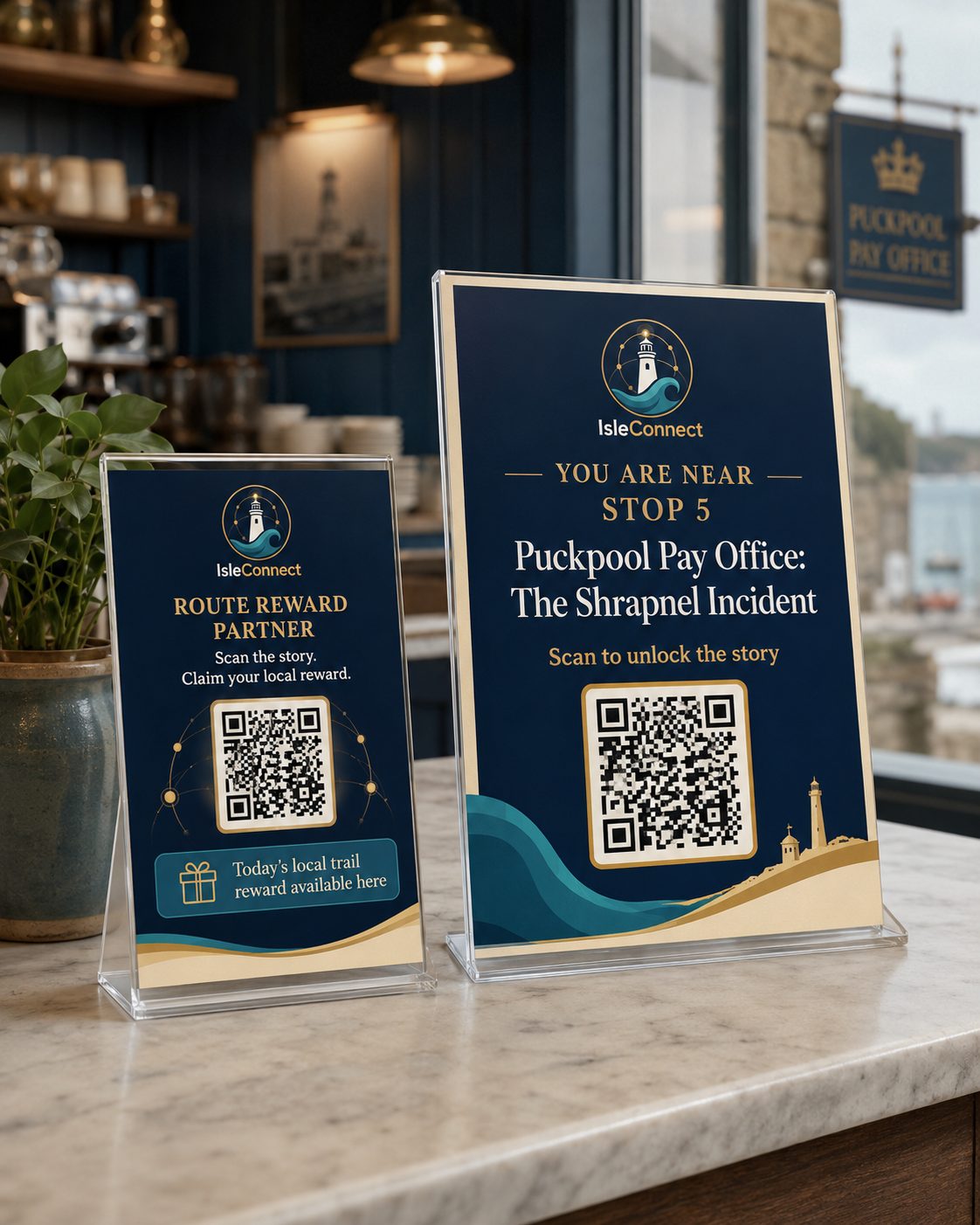 Two IsleConnect QR cards in acrylic holders on a caf&eacute; counter: a stop card reading "You are near Stop 5" with a scan code, and a smaller route reward partner card.
